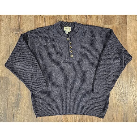 Vintage Eddie Bauer Sweater Mens XL Fisherman Henley Y2K Chunky Heathered Navy - Picture 1 of 6